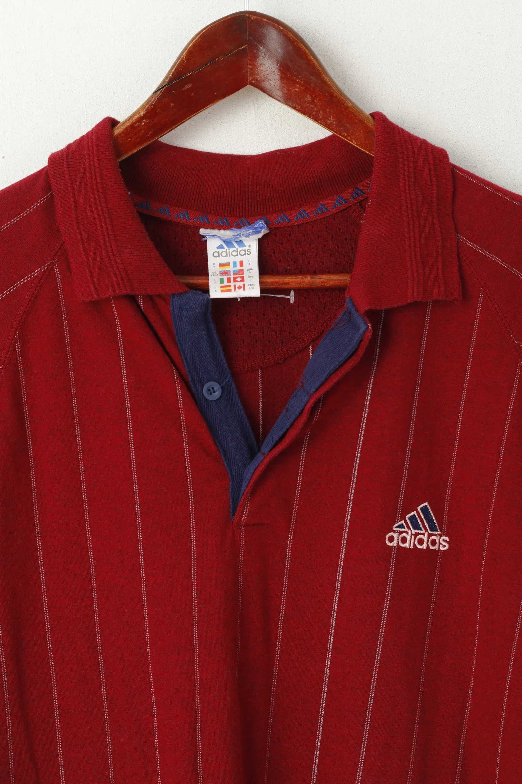 Adidas Men L Polo Shirt Maroon Striped Cotton Vintage Stretch Classic Top