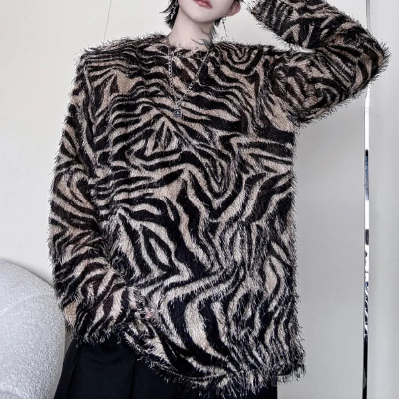 Crew Neck Zebra Print Plush Long Sleeve Shirt