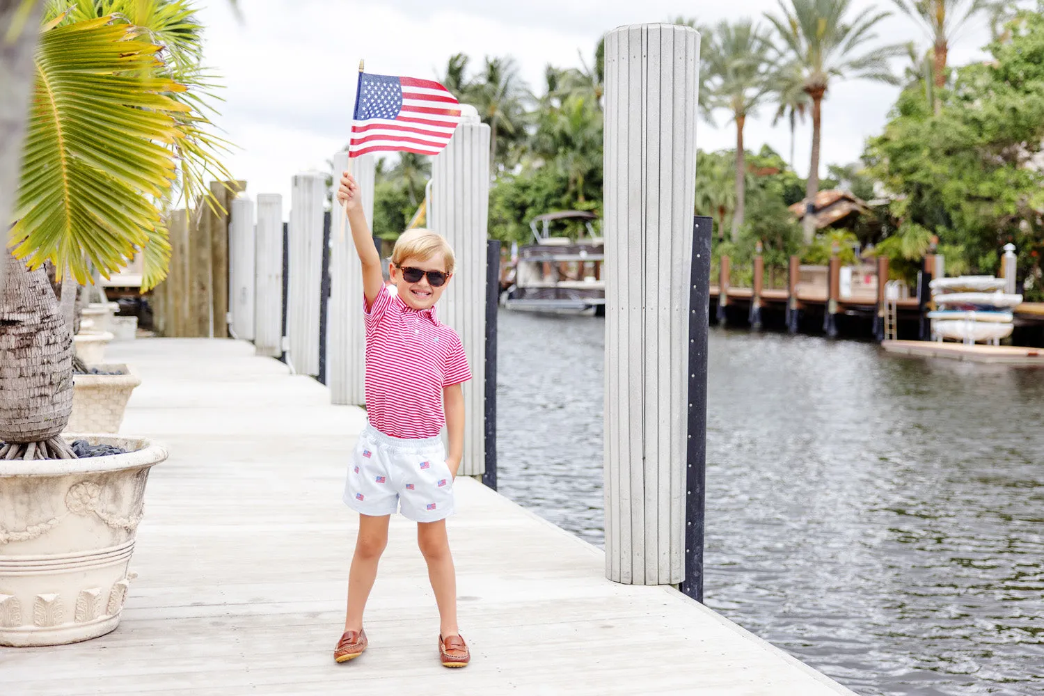 Critter Sheffield Shorts - Buckhead Blue & American Flag Embroidery with Multicolor Stork