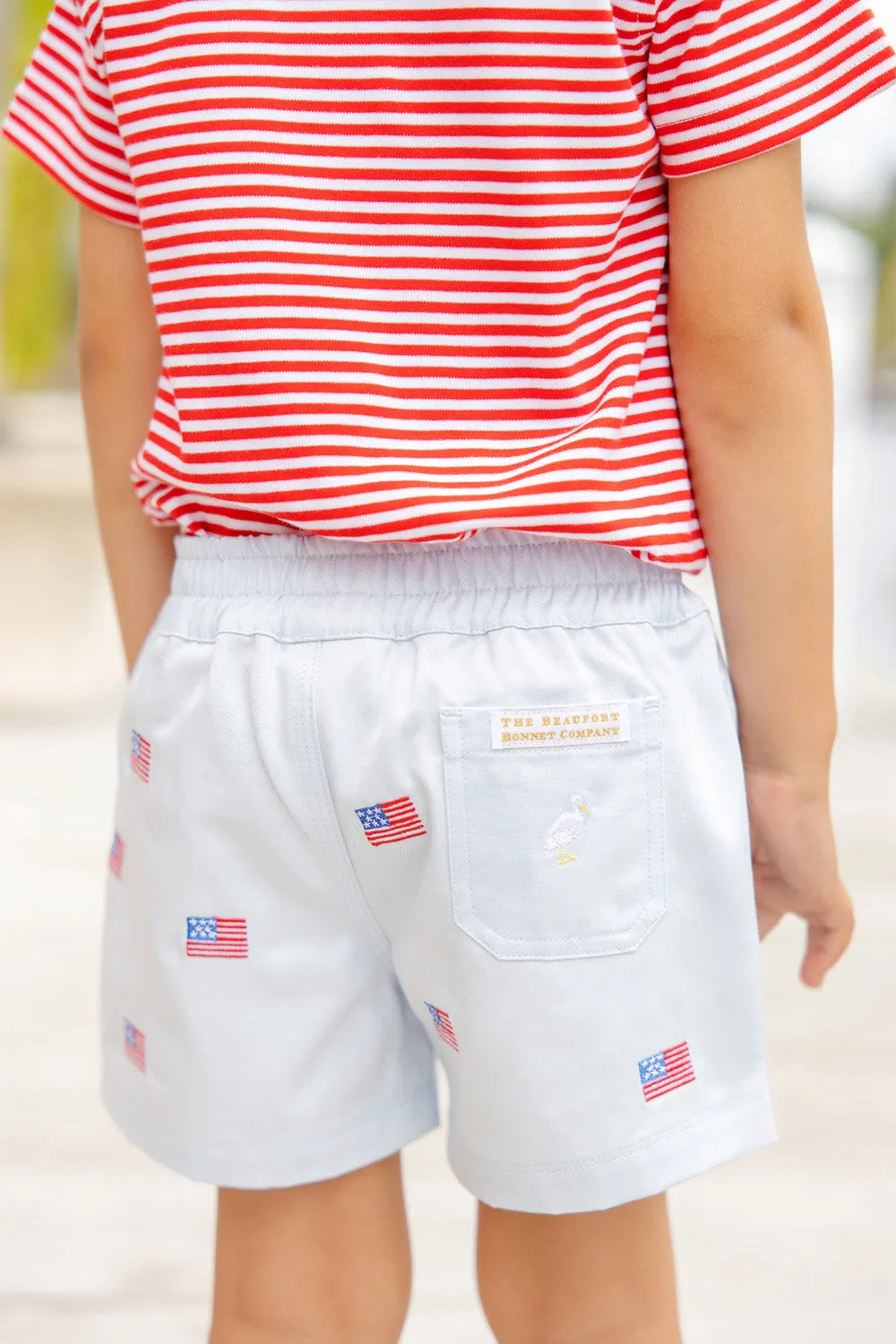 Critter Sheffield Shorts - Buckhead Blue & American Flag Embroidery with Multicolor Stork