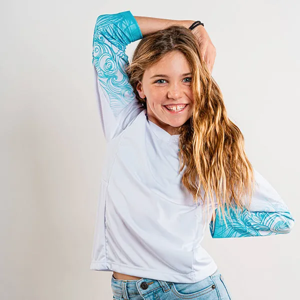 Girls Performance Long Sleeve Shirt | White | Tidal Waves