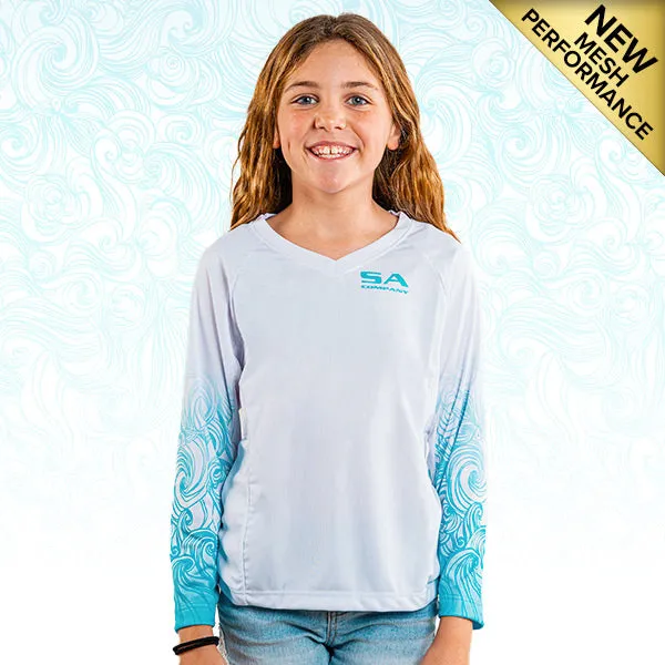 Girls Performance Long Sleeve Shirt | White | Tidal Waves