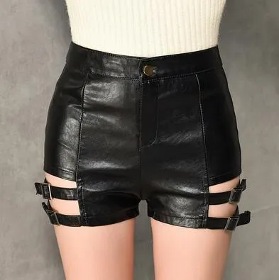 'Hellfire' Black Fake Leather Buckle Shorts