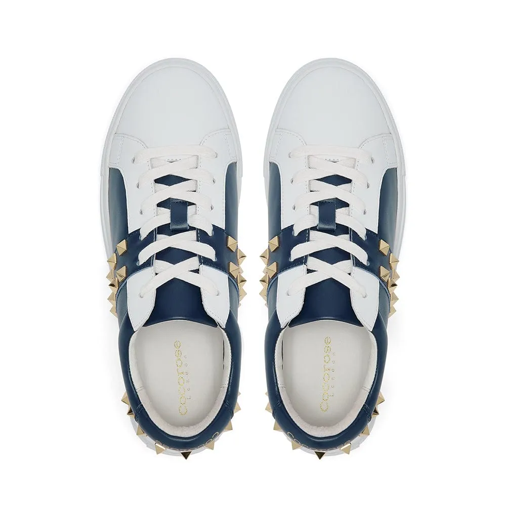 Hoxton - White and Navy Leather Trainers with Gold Studs