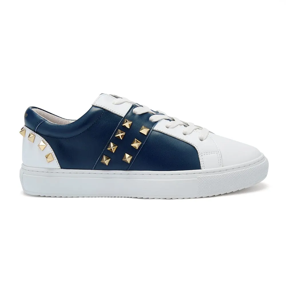 Hoxton - White and Navy Leather Trainers with Gold Studs