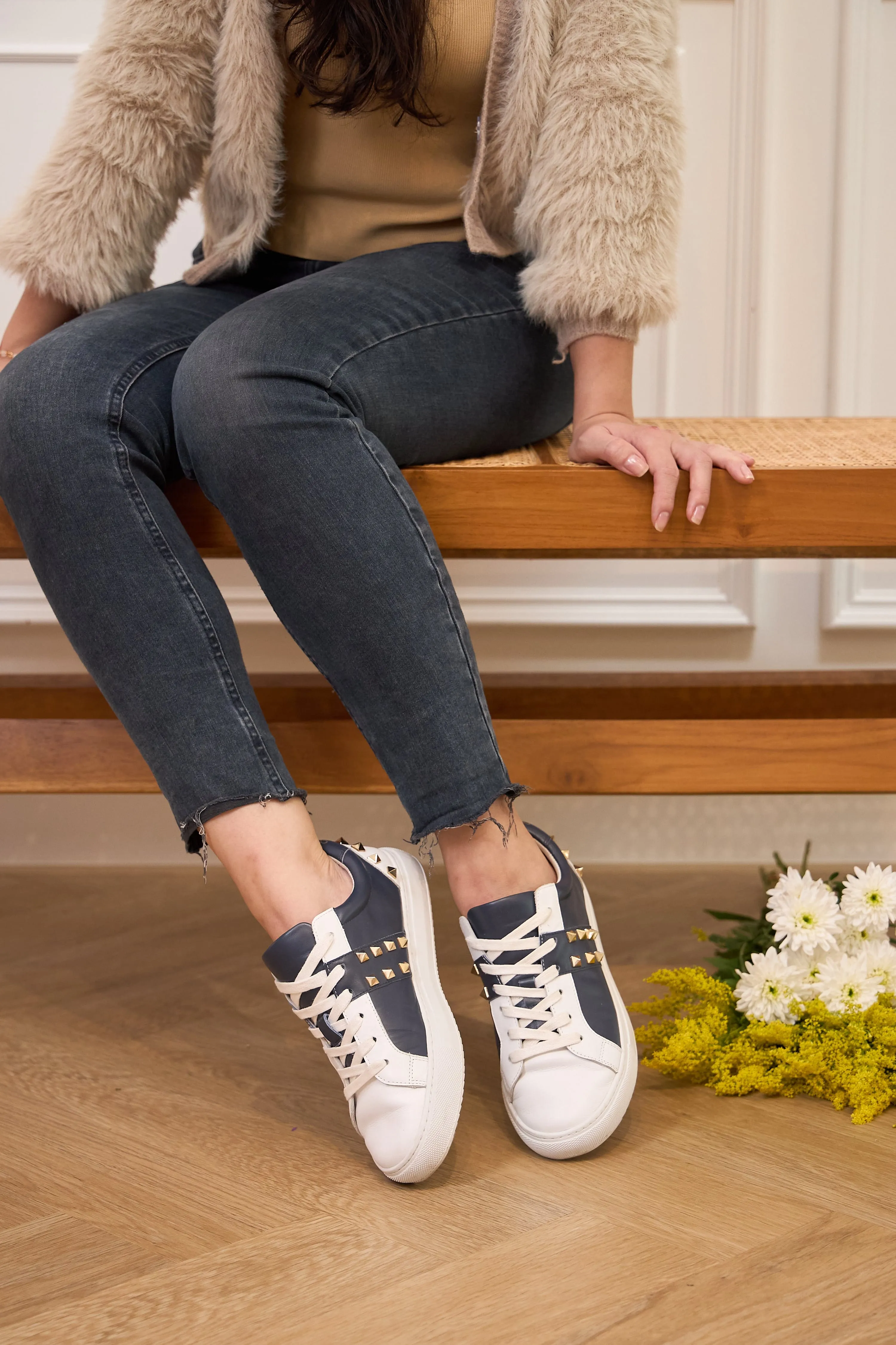 Hoxton - White and Navy Leather Trainers with Gold Studs