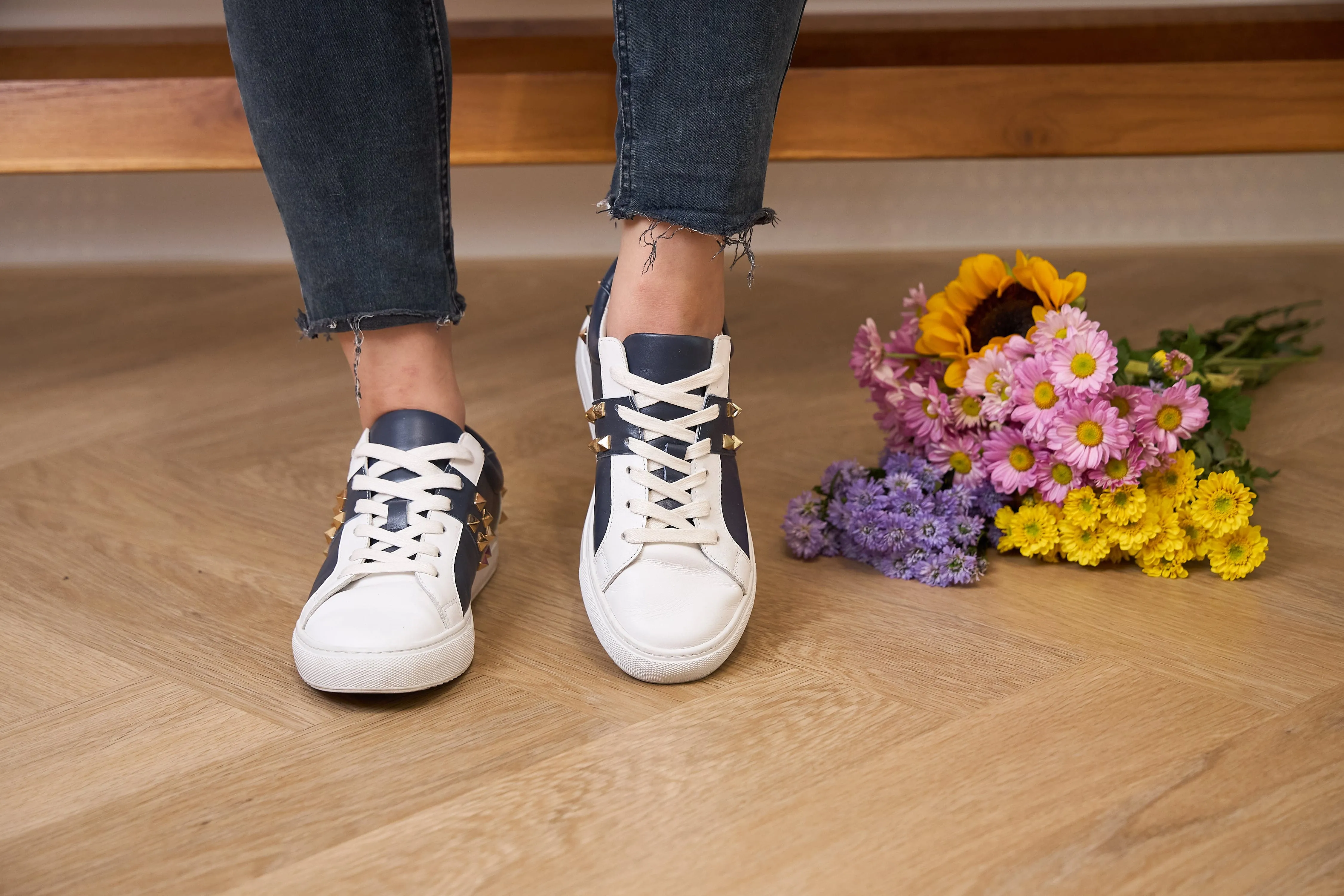 Hoxton - White and Navy Leather Trainers with Gold Studs