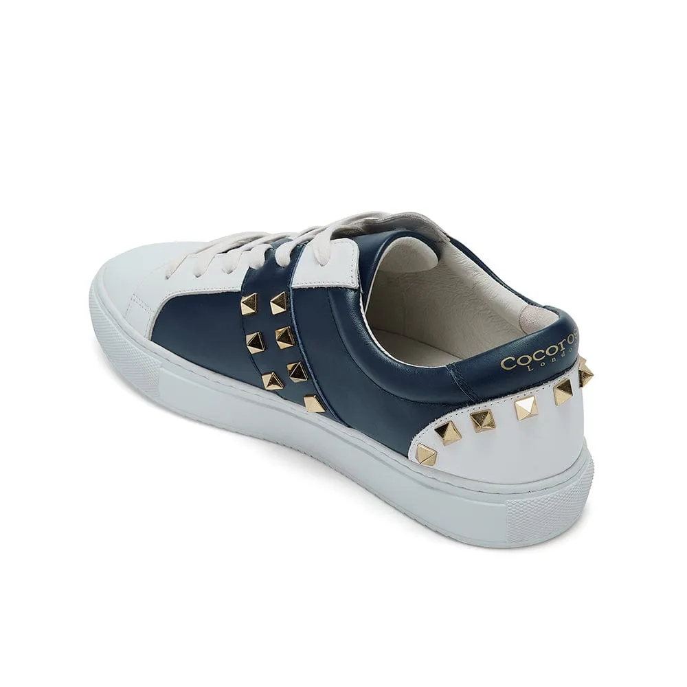 Hoxton - White and Navy Leather Trainers with Gold Studs