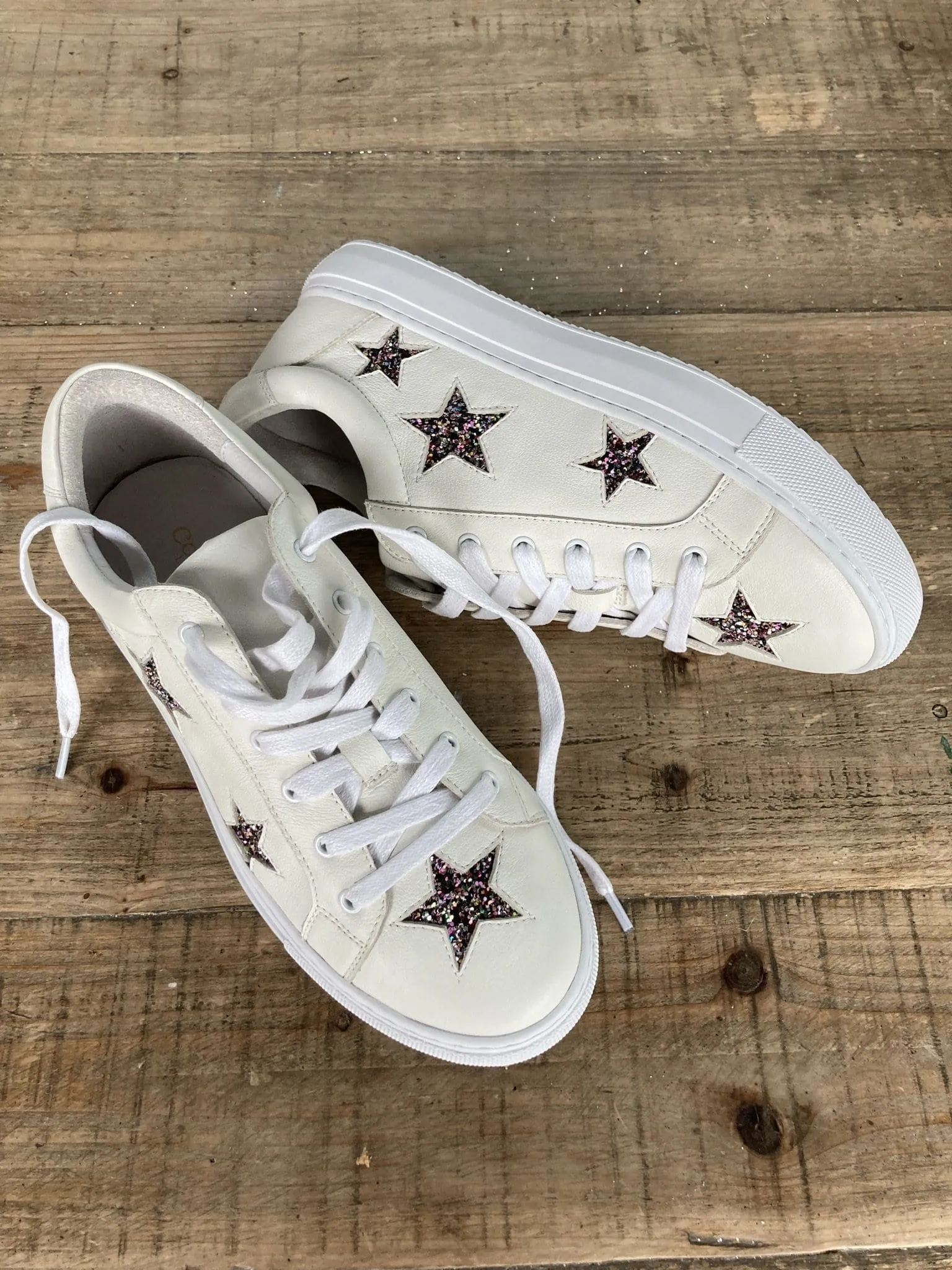 Hoxton - White with Glitter Star Leather Trainers