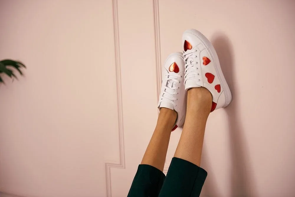 Hoxton - White with Red Hearts Leather Trainers