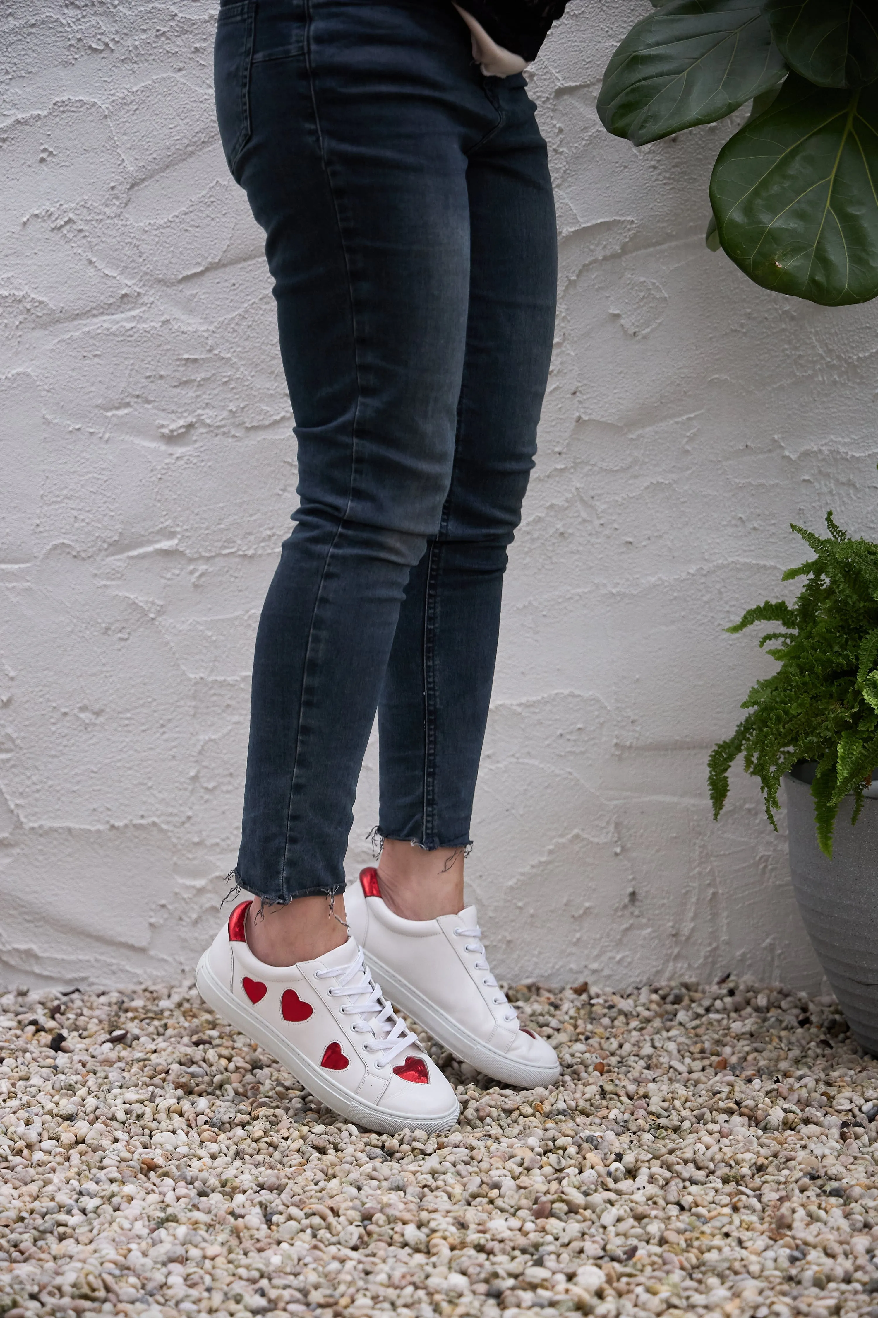 Hoxton - White with Red Hearts Leather Trainers