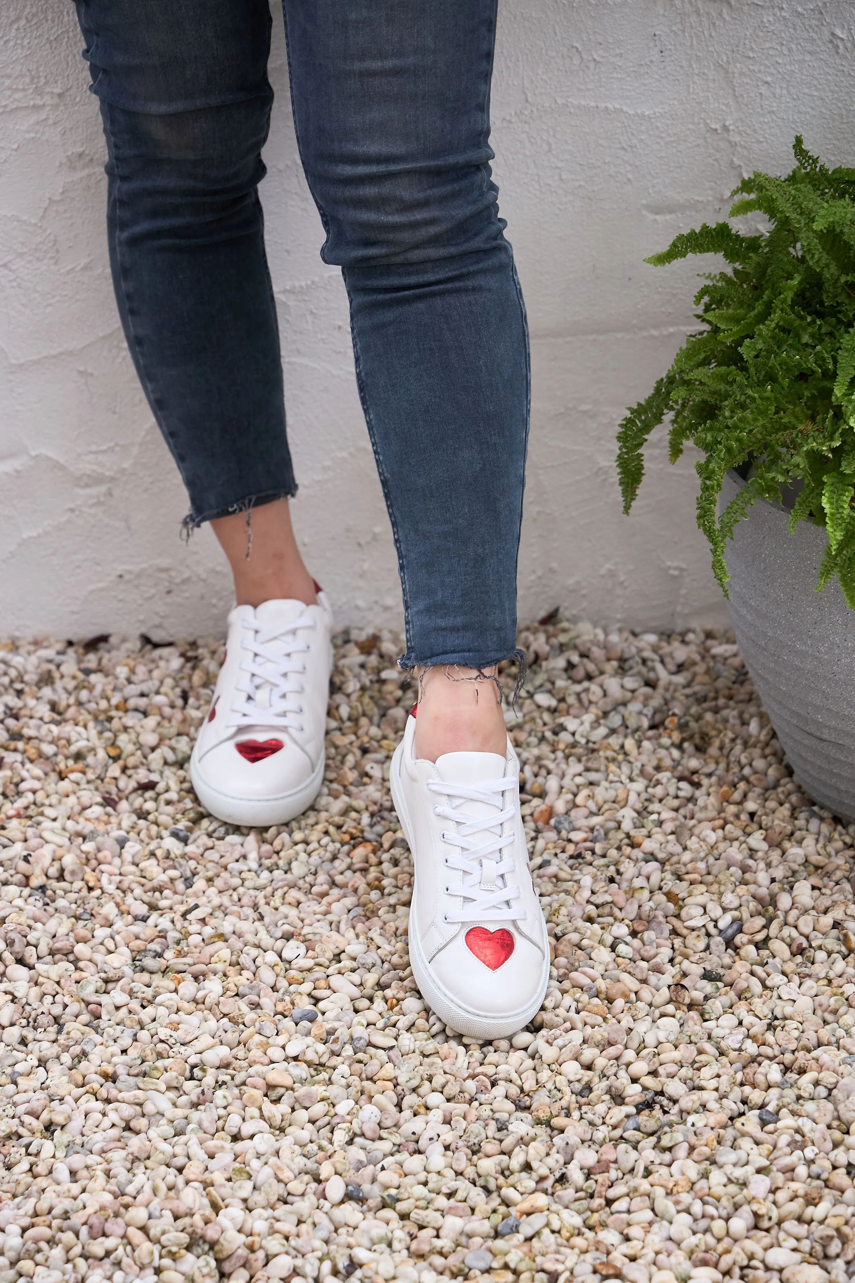 Hoxton - White with Red Hearts Leather Trainers