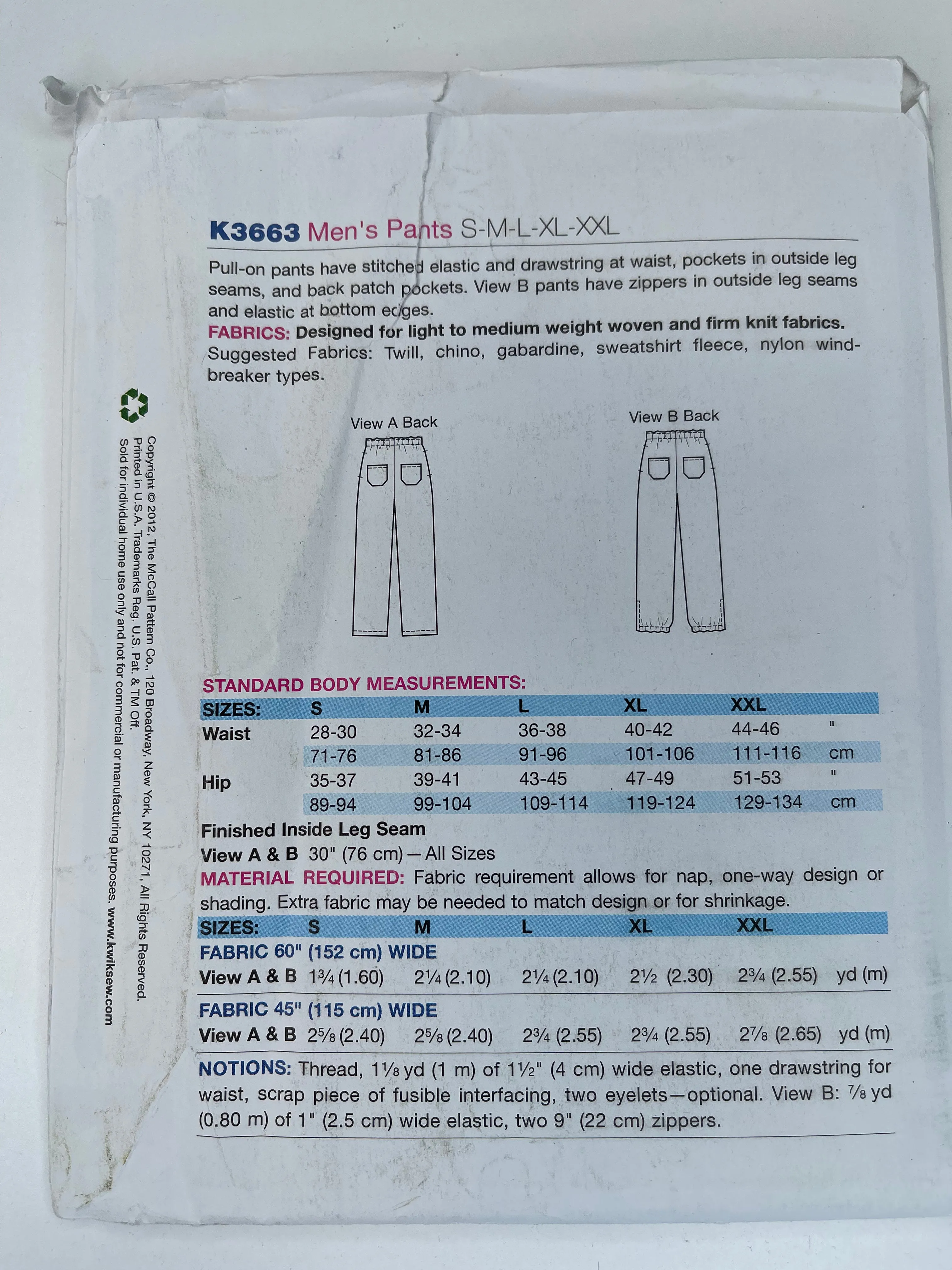 Kwik Sew MEN'S Pants & Shorts K3663