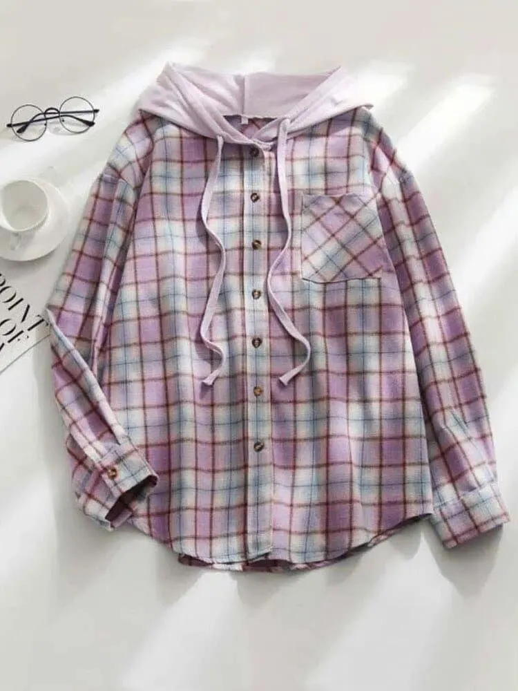 Loose Hooded Checkered Shirt with Hood | Cotton Blend | Versatile & Cozy