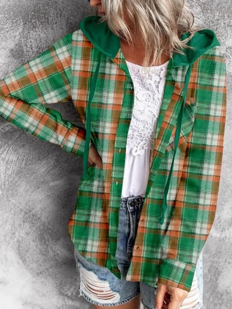 Loose Hooded Checkered Shirt with Hood | Cotton Blend | Versatile & Cozy