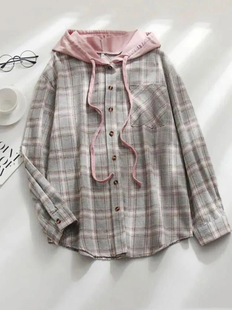 Loose Hooded Checkered Shirt with Hood | Cotton Blend | Versatile & Cozy