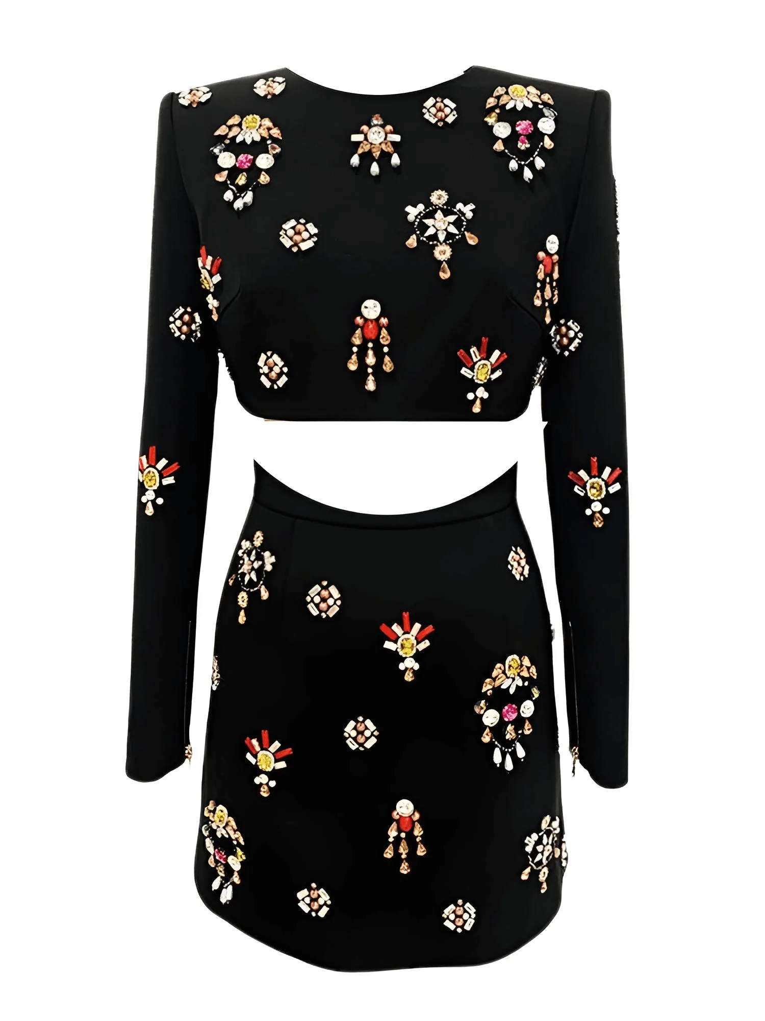 Luxury Colorful Diamond Beaded Long Sleeve Black Short Top   Skirt Two-Piece Set