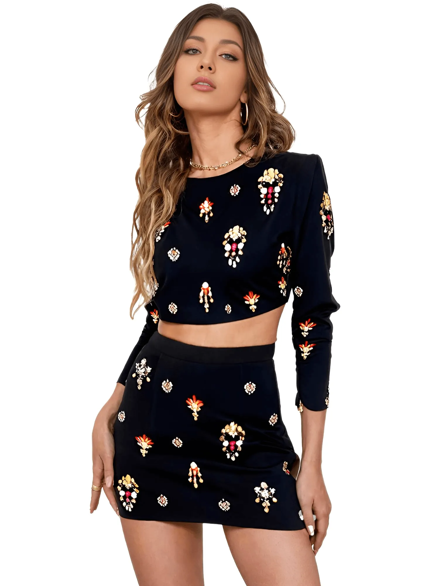 Luxury Colorful Diamond Beaded Long Sleeve Black Short Top   Skirt Two-Piece Set