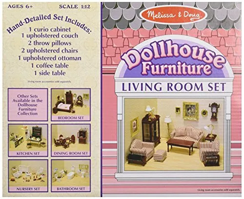 MELISSA & DOUG CLASSIC VICTORIAN WOODEN AND UPHOLSTERED DOLLHOUSE LIVING ROOM FURNITURE (9 PCS)