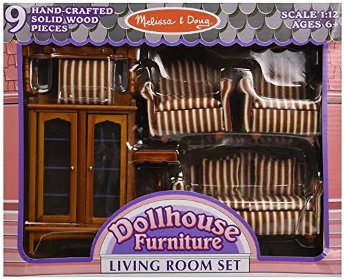 MELISSA & DOUG CLASSIC VICTORIAN WOODEN AND UPHOLSTERED DOLLHOUSE LIVING ROOM FURNITURE (9 PCS)