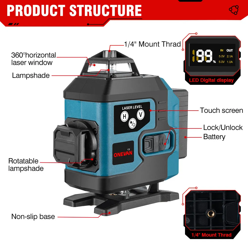 ONEVAN 16 Lines 4D Display Green Laser Level