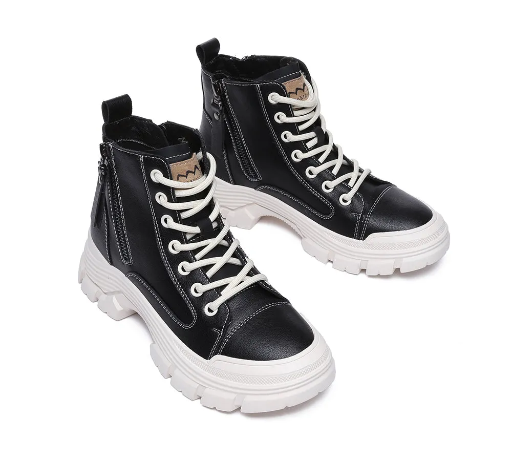 Women Leather Boots Lace-Up Zipper Chunky Boots Lorrine