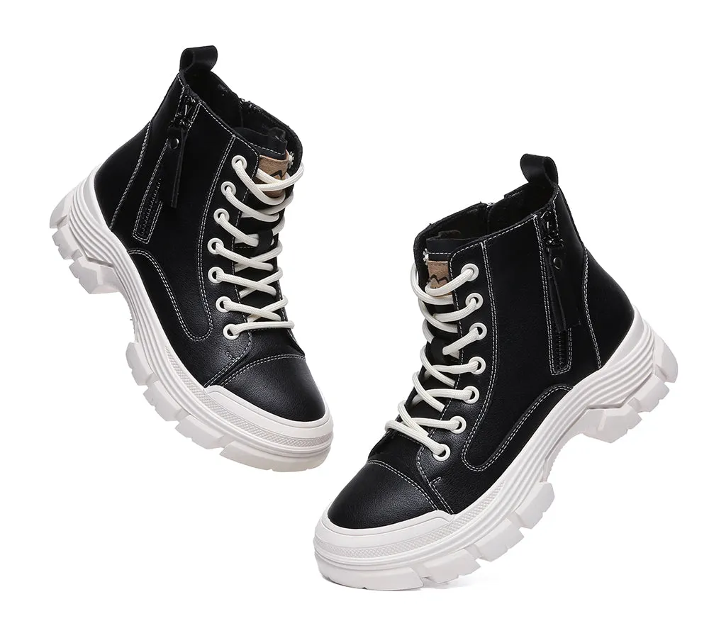 Women Leather Boots Lace-Up Zipper Chunky Boots Lorrine