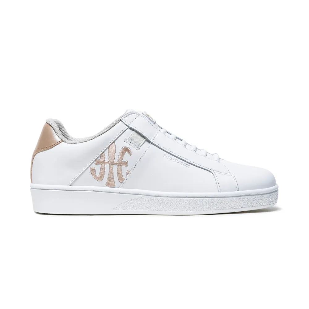 Womens Iconic White Gold Logo Leather Sneakers - Style 91923-003